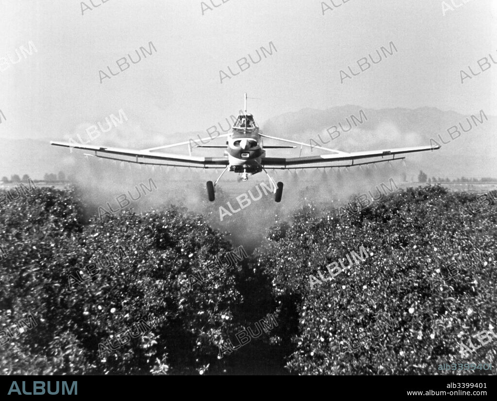United States:  August, 1968. A Cessna 188 AGwagon A in flight as it does a low altitude aerial crop dusting operation.