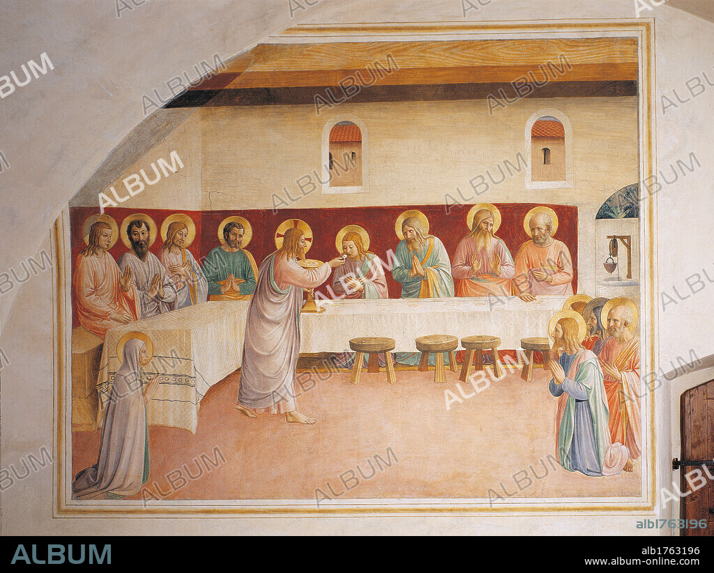 The Institution of the Eucharist (The Last Supper), by Guido di Pietro (Piero) known as Beato Angelico, 1438-1446 about, 15th Century, fresco,. Italy, Tuscany, Florence, San Marco Convent, cell of the lay brothers. All. Last Supper table apostles Jesus Christ offering bread wine. Authorization required for non editorial use.