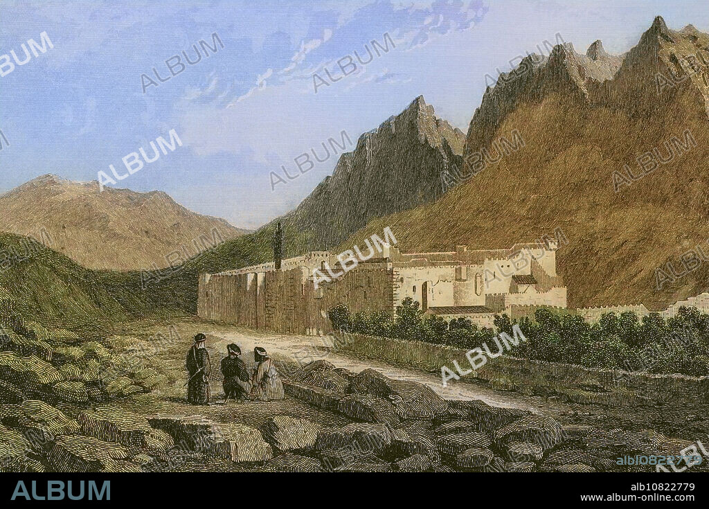 Monasterio de Santa Catalina. Situado a los pies del monte Sinaí. Grabado por Ransonnette. Coloreado. "La Tierra Santa y los lugares recorridos por los profetas, por los apóstoles y por los cruzados". Publicada en Barcelona, imprenta de Joaquín Verdaguer, 1840.