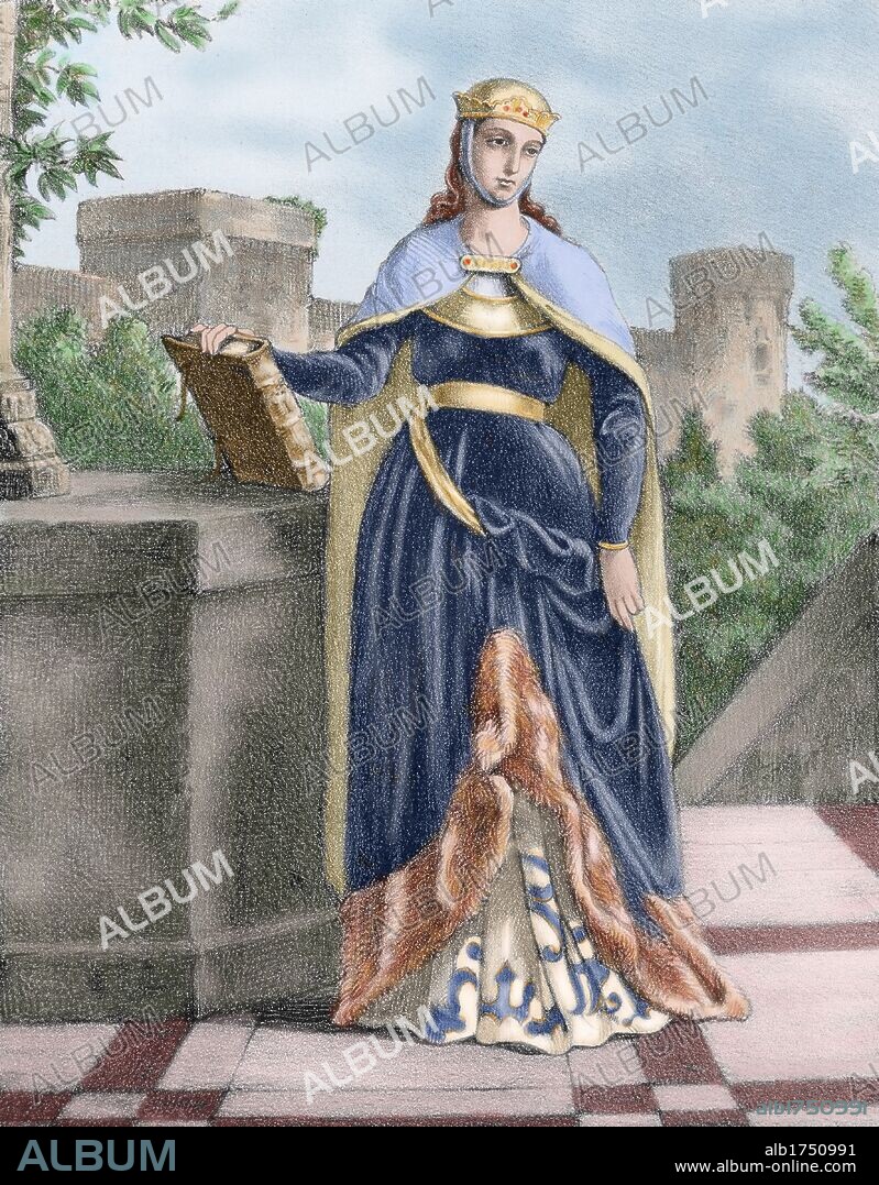 BERENGUELA (h.1180-Burgos,1246). Reina de Castilla y León (1197-1246), hija de Alfonso VIII de Castilla. Su matrimonio con el rey Alfonso IX de León se concertó para poner fin a la guerra entre los dos reinos peninsulares, en el año 1197. Grabado coloreado del s.XIX.