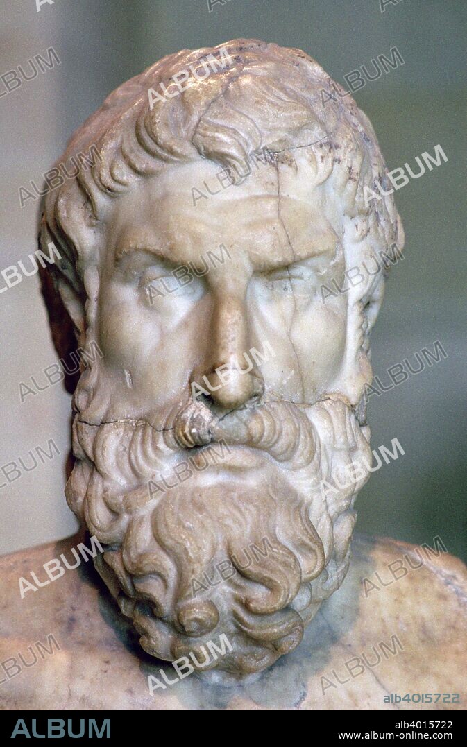 Bust of Epicurus (341-270 BC), the Greek philosopher, from the Louvre's collection, c3rd century BC.