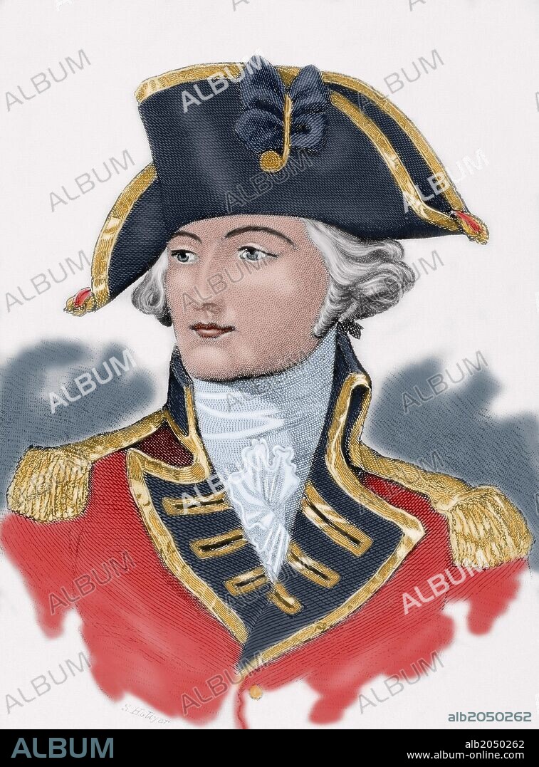 JOHN BURGOYNE (Londres, 1722-1792). General y dramaturgo británico. Durante la guerra de independencia de Estados Unidos, rindió su ejército de 6.000 hombres el 17 de octubre de 1777 en Saratoga. Grabado coloreado. "The American Revolution".