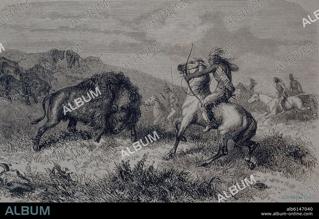 INDIOS CAZANDO BISONTES CON FLECHAS-GRABADO DE 1875-.