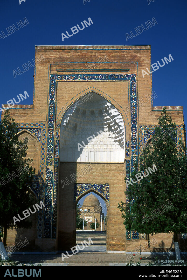 The Gur-e Amir or Guri Amir is the mausoleum of the Asian conqueror Tamerlane (also known as Timur) in Samarkand, Uzbekistan. It occupies an important place in the history of Persian Architecture as the precursor and model for later great Mughal architecture tombs, including Humayun's Tomb in Delhi and the Taj Mahal in Agra, built by Timur's descendants, the ruling Mughal dynasty of North India. It has been heavily restored. Gur-e Amir is Persian for 'Tomb of the King'. This architectural complex with its azure dome contains the tombs of Tamerlane, his sons Shah Rukh and Miran Shah and grandsons Ulugh Beg and Muhammad Sultan. Also honoured with a place in the tomb is Timur's teacher Sayyid Baraka.
