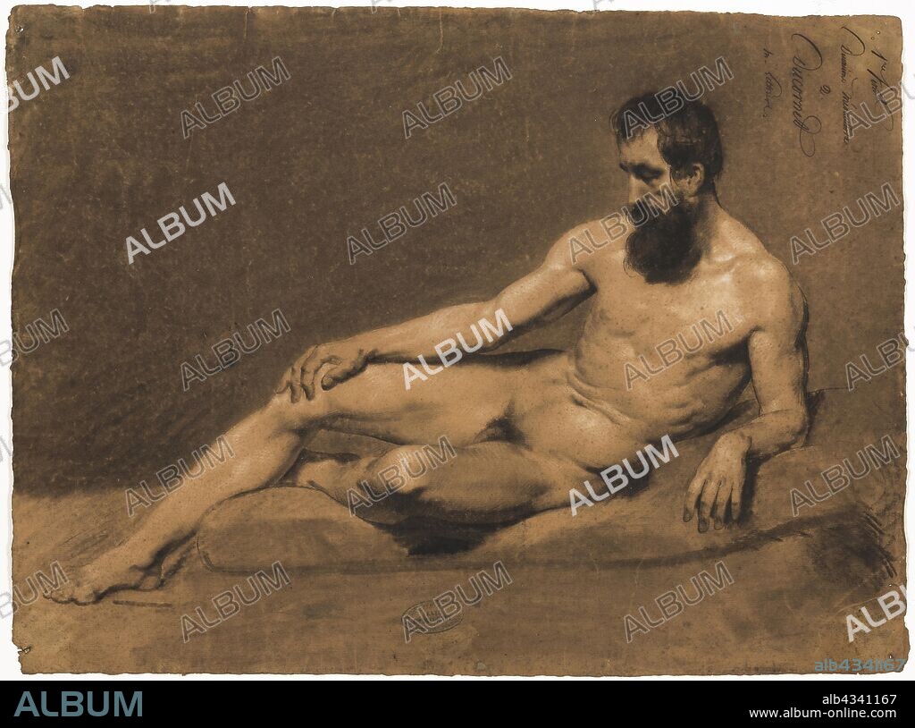 Reclining Male Nude, n.d., Louis-Joseph-César Ducornet, French, 1806-1856, France, Charcoal drawing with white heightening, and pen and ink on tan laid paper, 454 × 606 mm.
