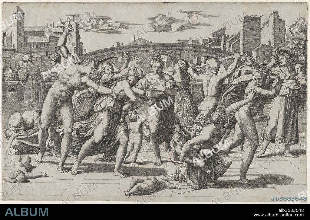 DIT MARC-ANTOINE MARCANTONIO RAIMONDI et AFTER RAPHAEL (RAFFAELLO SANZIO OR SANTI). The Massacre of the Innocents. Artist: Marcantonio Raimondi (Italian, Argini (?) ca. 1480-before 1534 Bologna (?)); After Raphael (Raffaello Sanzio or Santi) (Italian, Urbino 1483-1520 Rome). Dimensions: 11 1/16 x 16 15/16 in.  (28.1 x 43.0 cm). Date: ca. 1512-13.