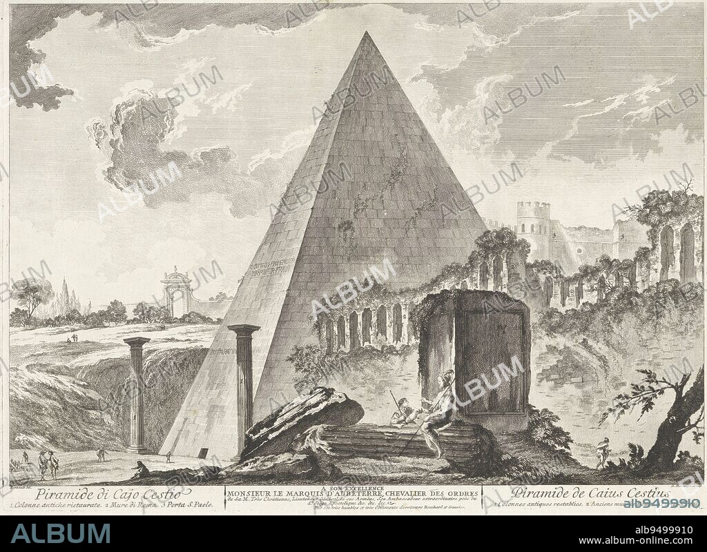 View of the Pyramid of Cestius in Rome. In the background on the right the Porta San Paolo. Titles and explanatory lists with numbers in French and Italian and an assignment in the lower margin, Pyramid of Cestius in Rome Pyramid di Cajo Cestio / Pyramid de Caius Cestius., print maker: Domenico Montaigù, (mentioned on object), intermediary draughtsman: Jean Barbault, (mentioned on object), J. Bouchard & J.J. Gravier, (mentioned on object), Italy, c. 1750 - c. 1799, paper, etching, h 399 mm × w 550 mm.