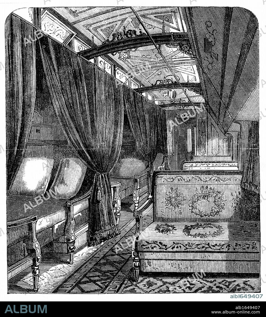 Pullman sleeping car on the Union Pacific Railroad c1869. Wood engraving.