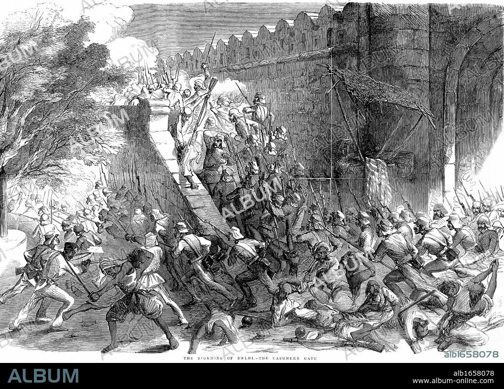Indian (Sepoy) Mutiny, also known as the Sepoy Mutininy or the Great War of Independence: Siege of Delhi: Colonel Campbell's troops storming the Cashmere Gate after engineers had blown it up. From Illustrated London News 1857. Wood engraving.