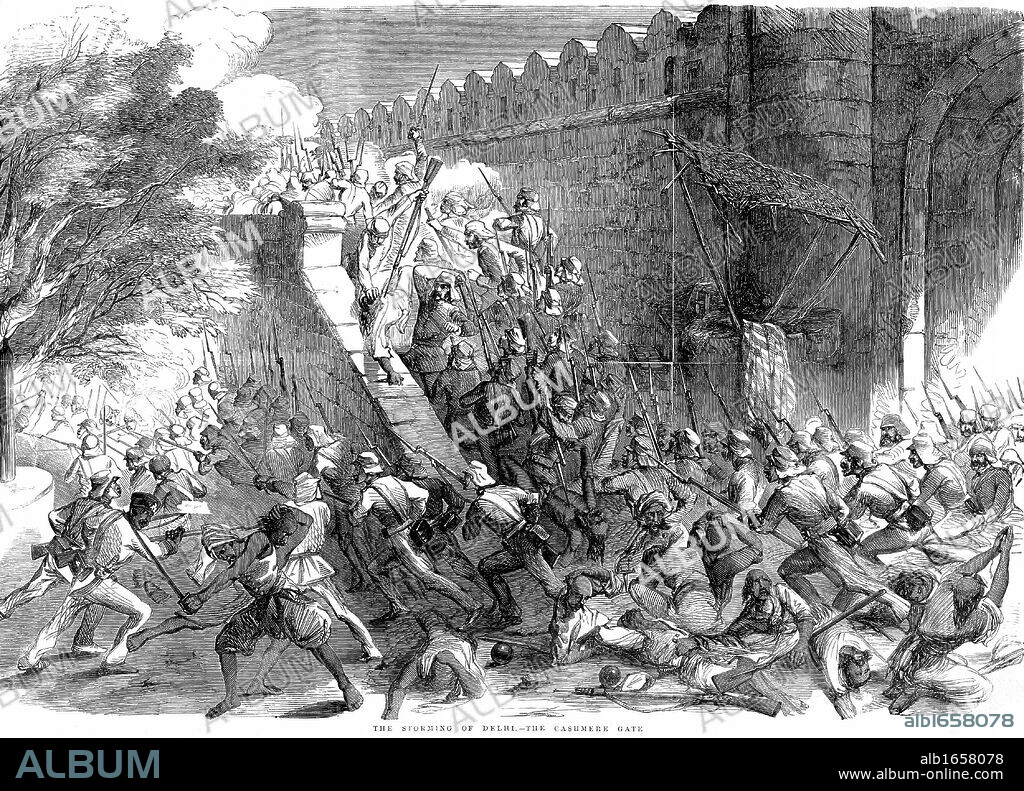 Indian (Sepoy) Mutiny, also known as the Sepoy Mutininy or the Great War of Independence: Siege of Delhi: Colonel Campbell's troops storming the Cashmere Gate after engineers had blown it up. From Illustrated London News 1857. Wood engraving.