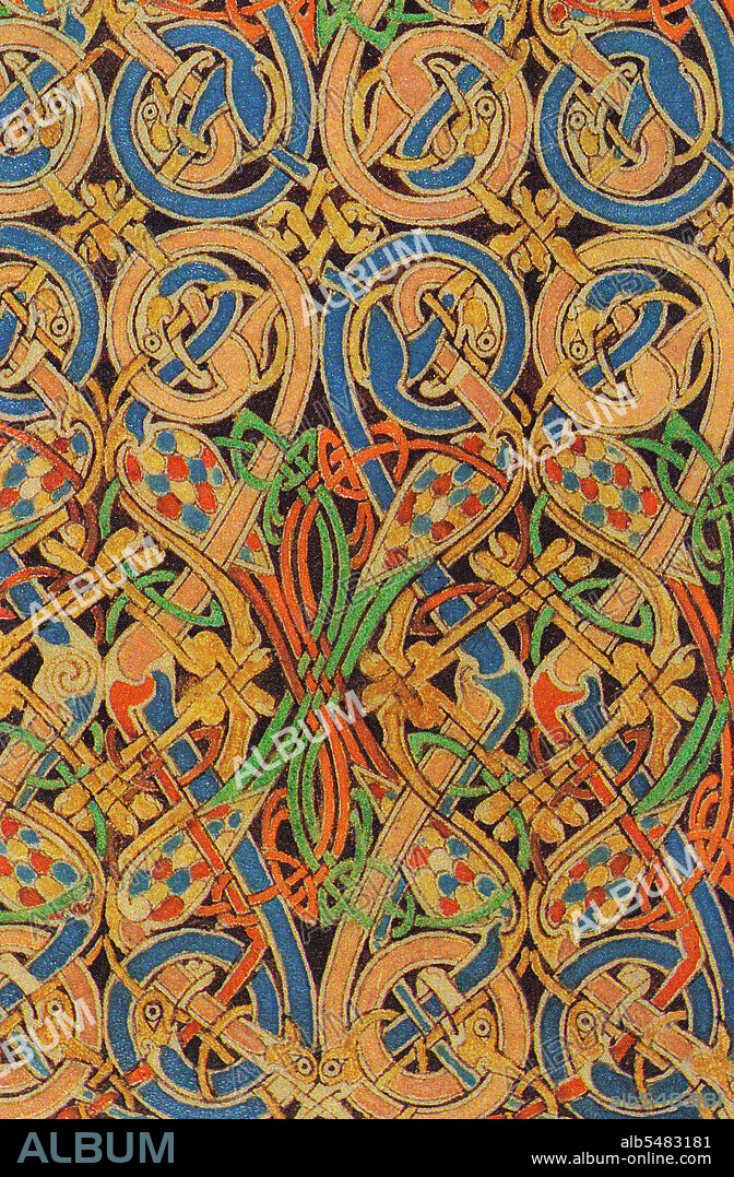 The Lindisfarne Gospels is an illuminated manuscript gospel book produced around the year 700 CE in a monastery on Lindisfarne Island, off the coast of Northumberland. It is now on display in the British Library in London. The manuscript is one of the finest works in the unique style of Hiberno-Saxon or Insular art, combining Mediterranean, Anglo-Saxon and Celtic elements. The Lindisfarne Gospels are presumed to be the work of a monk named Eadfrith, who became Bishop of Lindisfarne in 698 and died in 721. Current scholarship indicates a date around 715, and it is believed they were produced in honour of St. Cuthbert. However, it is also possible that Eadfrith produced them prior to 698, in order to commemorate the elevation of Cuthbert's relics in that year, which is also thought to have been the occasion for which the St Cuthbert Gospel was produced. The Gospels are richly illustrated in the insular style, and were originally encased in a fine leather binding covered with jewels and metals made by Billfrith the Anchorite in the 8th century. During the Viking raids on Lindisfarne, however, this cover was lost, and a replacement was made in 1852. The text is written in insular script. In the 10th century an Old English translation of the Gospels was made: a word-for-word gloss inserted between the lines of the Latin text by Aldred, Provost of Chester-le-Street. This is the oldest extant translation of the Gospels into the English language. The Gospels may have been taken from Durham Cathedral during the Dissolution of the Monasteries, ordered by Henry VIII, and were acquired in the early 17th century by Sir Robert Cotton from Thomas Walker, Clerk of the Parliaments. Cotton's library came to the British Museum in the 18th century, and from there to the British Library in London when this was separated from the British Museum.