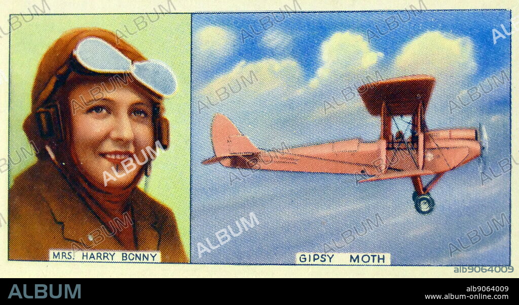 Portrait of Maude Bonney (1897-1994) an Australian aviator and the first woman to fly solo from Australia to England. Also pictured is her plane "Gipsy Moth". Dated 20th Century.