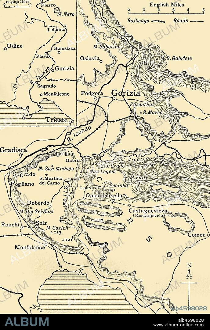 'Gorizia and the Carso: map illustrating the Italian advance towards Trieste in 1916', (c1920). Italian lines in northern Italy during the First World War. From "The Great World War: A History", Volume VI, edited by Frank A Mumby. [The Gresham Publishing Company Ltd, London, c1920].