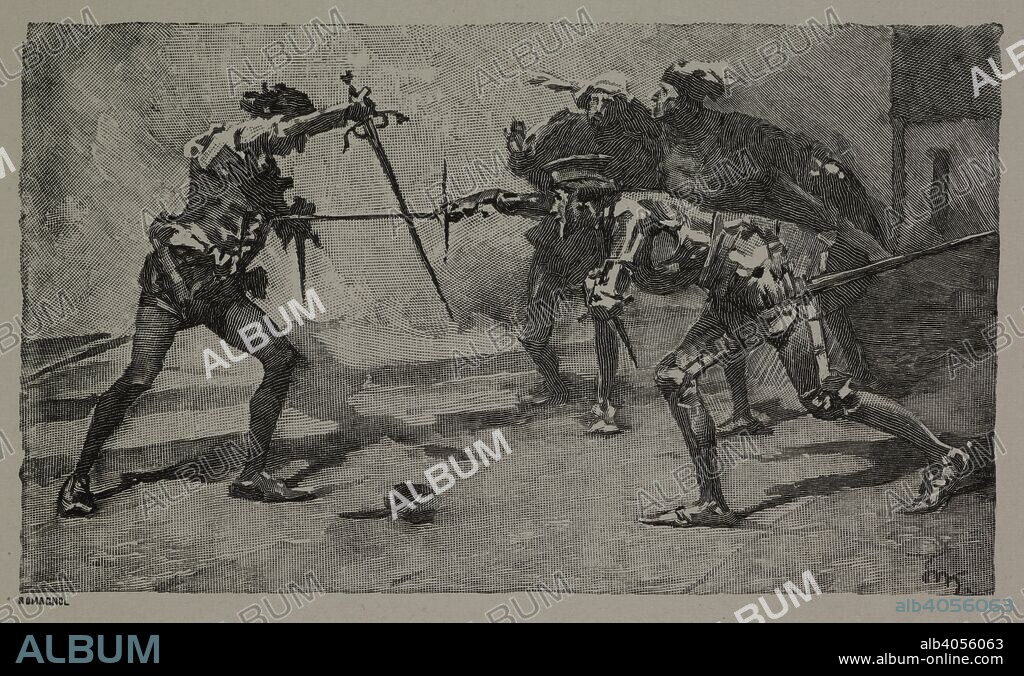 WILLIAM SHAKESPEARE. Roderigo fights Cassio. A sword fight. Othello. The moor of Venice. Simpkin and Co.: London, 1893. Source: 11765.k.9, page 16. Language: English.