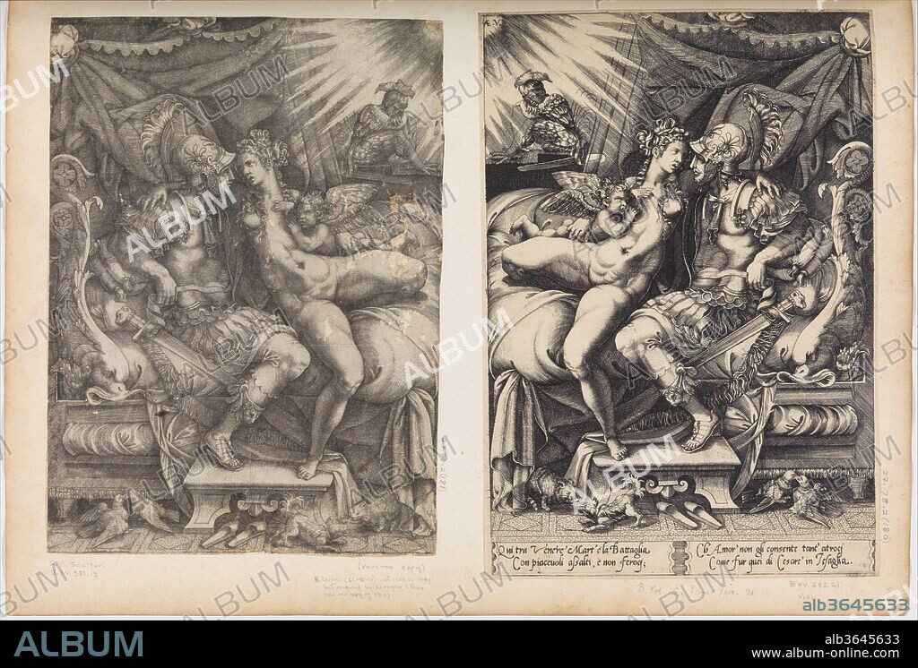 Mars and Venus. Artist: Engraved by Giovanni Battista Scultori (Italian, 1503-1575). Former Attribution: Formerly attributed to Giovanni Jacopo Caraglio (Italian, Parma or Verona ca. 1500/1505-1565 Krakow (?)).
In Mariette Album, folio 66 bottom.