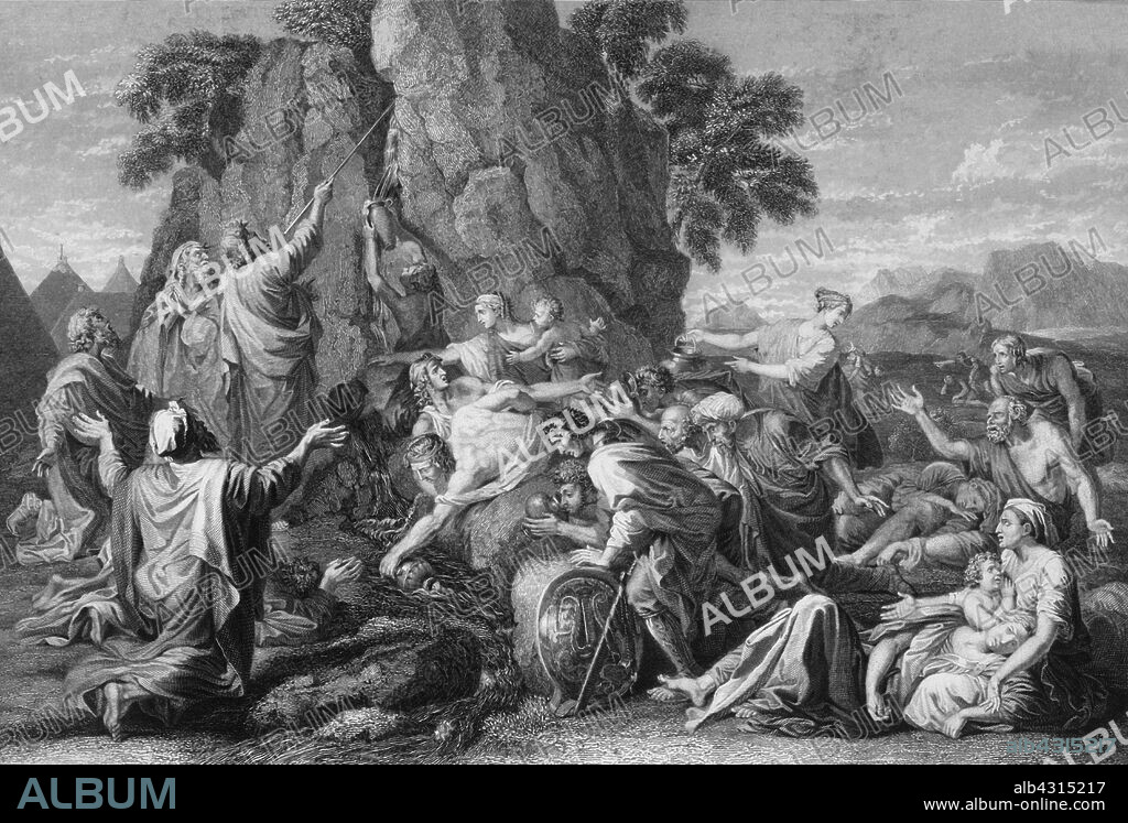 GEORGE PRESBURY. 'Moses "smote the rock twice, and the water came out abundantly"', 1840. Biblical scene, from Numbers 20: 11: 'And Moses lifted up his hand, and with his rod he smote the rock twice: and the water came out abundantly, and the congregation drank, and their beasts also'. After being instructed to do so by God, Moses struck the rock with his staff and it split apart, providing water for the Israelites who were dying of thirst. Engraving after 'Moses Striking the Rock', a painting of 1649 by Nicolas Poussin, in the Hermitage Museum, St Petersburg, Russia.