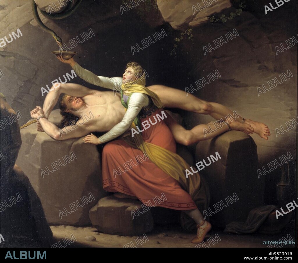 Loki; a figure from Norse mythology; and Sigyn; a goddess from Norse mythology; after a painting by Christoffer Wilhelm Eckersberg (2 January 1783) (22 July 1853); Historical; digitally restored reproduction from a 19th century original.