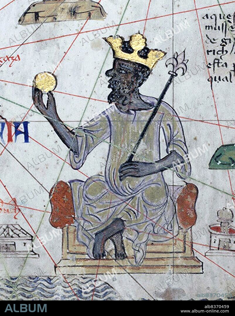 The Catalan Atlas (1375) is the most important Catalan map of the medieval period. It was produced by the Majorcan cartographic school and is attributed to Cresques Abraham, a Jewish book illuminator who was self-described as being a master of the maps of the world as well as compasses. It has been in the royal library of France (now the Bibliotheque nationale de France) since the late 14th century.<br/><br/>. Musa I (c. 1280 - c. 1337), commonly referred to as Mansa Musa, was the tenth mansa, which translates as 'king of kings' or 'emperor', of the Malian Empire. At the time of Mansa Musa's rise to the throne, the Malian Empire consisted of territory formerly belonging to the Ghana Empire and Melle (Mali) and immediate surrounding areas. Musa held many titles, including Emir of Melle, Lord of the Mines of Wangara, and conqueror of Ghanata, Futa-Jallon, and at least another dozen states. He was the wealthiest West African ruler of his day.