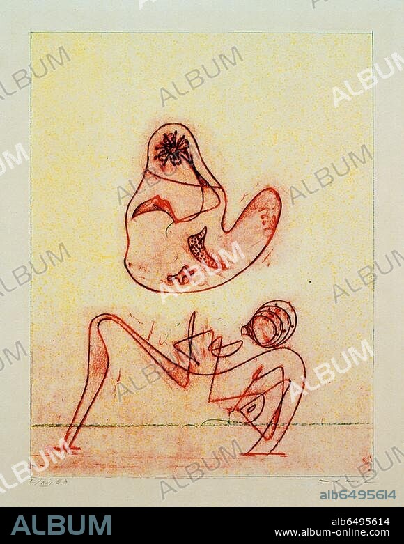 MAX ERNST. Ernst, Max; 1891-1976. "La belle jardinière" (Die schöne Gärtnerin), 1971. Lithografie in Gelb, Rot und Blau, Abzug auf Japon mit breitem Rand, Abbildung 33,2 x 25 cm, Blatt 57 x 37 cm. Drucker: Pierre Chave, Vence. Inv.Nr. F-B-S 170.1 P.