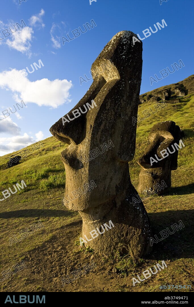Giant monolithic stone Moai statues at Rano Raraku, Rapa Nui (Easter Island), UNESCO World Heritage Site, Chile, South America.
