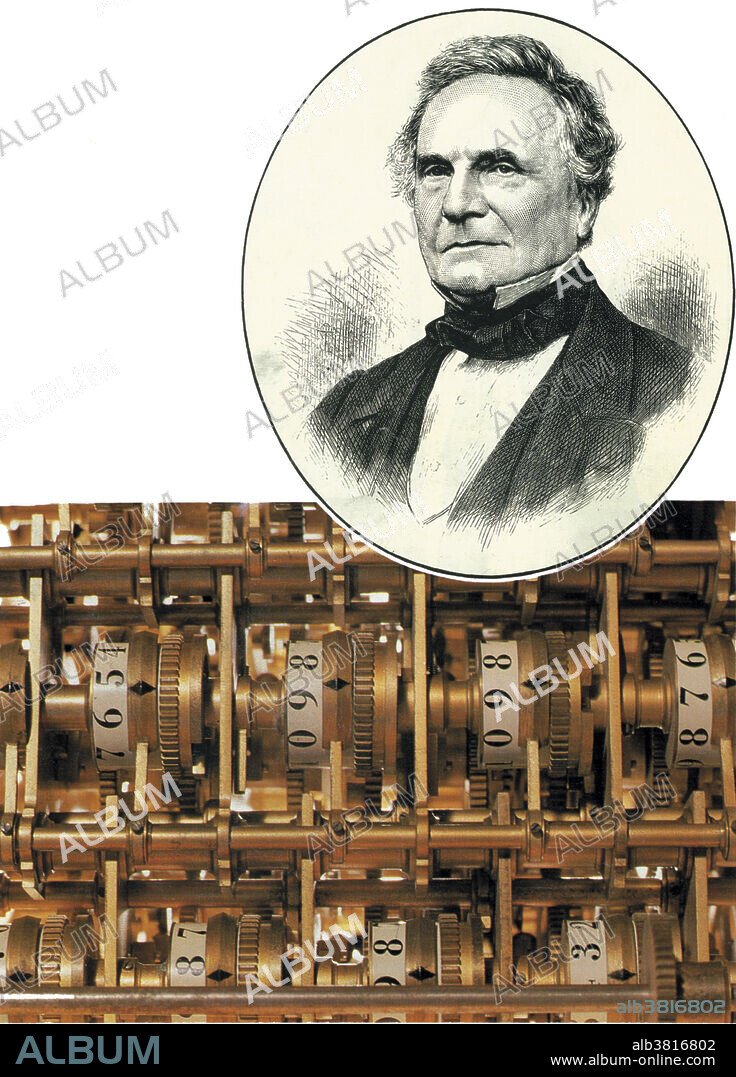Charles Babbage (1792-1871), British mathematician and professor at Cambridge, coloured artwork. He is a founding father of computer science. He worked on the theory of functions and algebra, and invented an ophthalmoscope. In 1833 he produced a difference engine, a mechanical device to compile logarithms. He began designing an analytical engine that would be capable of executing any sequence of arithmetic instructions. It was to use punched cards and possess a memory for holding results. Lady Ada Lovelace (Lord Byron's daughter) helped in the design. However, funds ran out and the machine was not completed. Babbage's work used many principles now used in modern computing.