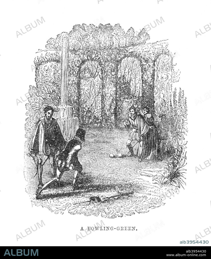 'A Bowling-Green', c1870. A bowling green is a finely-laid, close-mown and rolled stretch of turf for playing the game of bowls. Before 1830, when Edwin Beard Budding invented the lawnmower, lawns were often kept cropped by grazing sheep on them. the Royal Parks of London are lands originally owned by the monarchy of the United Kingdom for the recreation (mostly hunting) of the royal family. From The Story of the London Parks by Jacob Larwood. [Chatto and Windus, London, c1870].
