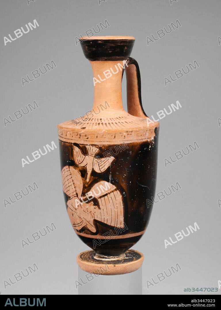 Terracotta lekythos (oil flask), Classical, 2nd quarter of the 5th century B.C., Greek, Attic, Terracotta; red-figure, H. 5 1/2 in. (14 cm), Vases, Winged youth and bird. The identity of the winged figure and of the scene as a whole is unclear. The figure is most often called Icarus or Hypnos. The former seems more plausible, given the contorted pose of the figure and the position of the bird that suggests a precipitous descent.