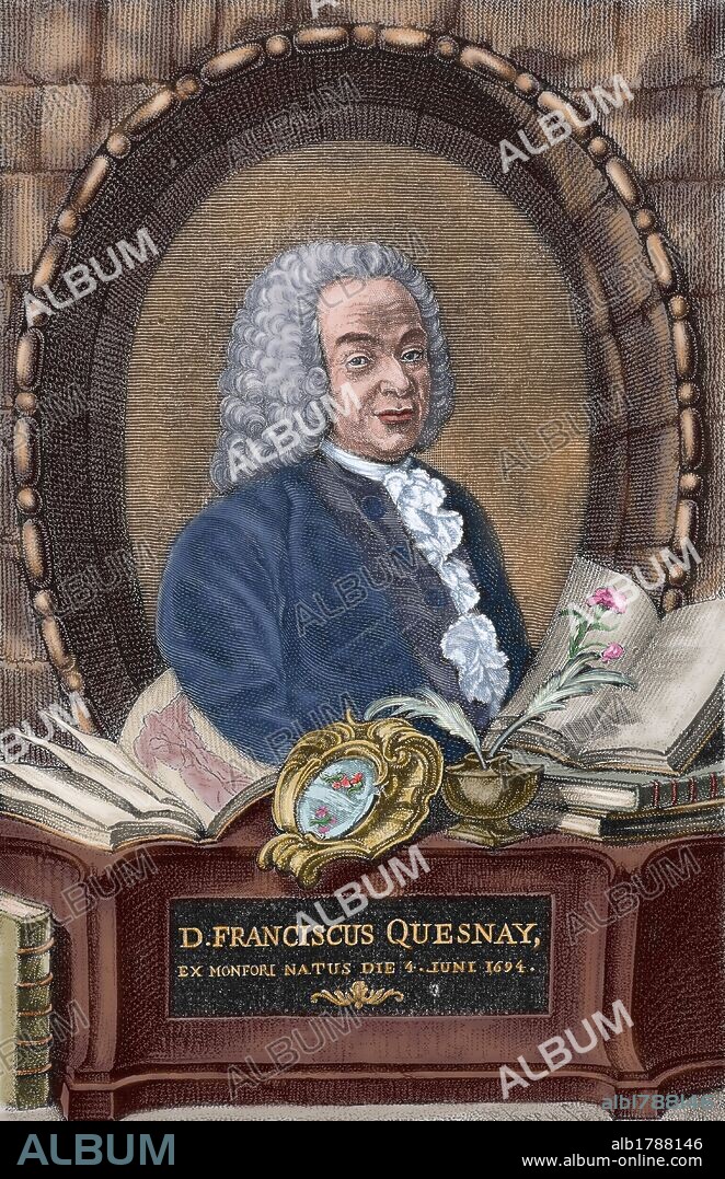 QUESNAY, François (Merey, 1694-Versalles, 1774). Médico y economista francés, de la escuela fisiocrática. Su obra más importante fue "Tableau economique" (1758). Grabado coloreado de la época.
