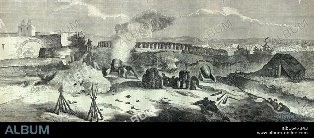 French intervention in Mexico: Battle of Puebla, 5 May 1862 (Battle of Cinco de Mayo). The French under General Charles Lorencez were decisively by the Mexican army under General Ignacio Zaragoza. French mortar battery receiving incoming fire.