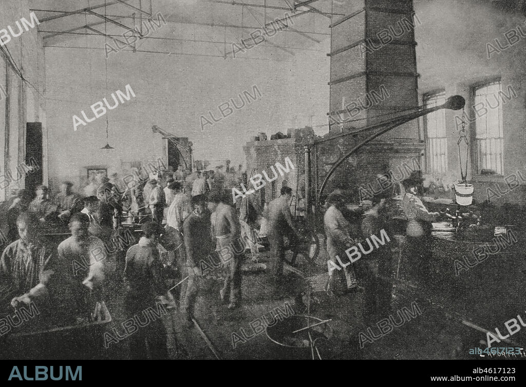 España. Madrid. Fábrica Nacional de la Moneda y Timbre (fundada en 1893). La acuñación de la plata. Taller de fundición. Fotograbado por Laporta. La Ilustración Española y Americana, 1898.