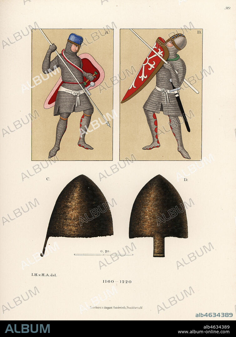 Chainmail suits of armour and helms of 12th century German knights. From manuscripts in Hamburg library. Chromolithograph from Hefner-Alteneck's Costumes, Artworks and Appliances from the Middle Ages to the 17th Century, Frankfurt, 1889. Illustration by Dr. Jakob Heinrich von Hefner-Alteneck, lithographed by C.R. Dr. Hefner-Alteneck (1811 - 1903) was a German museum curator, archaeologist, art historian, illustrator and etcher.