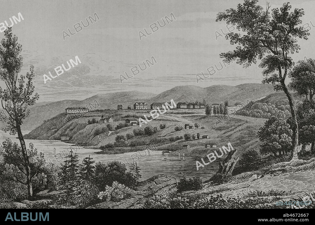 Estados Unidos. La Academia Militar de los Estados Unidos, conocida como Academia Militar de West Point. Creada en 1802, junto al río Hudson, al norte de Nueva York. Grabado por Lemaitre, Milbert y Desaulx. Panorama Universal. Historia de los Estados Unidos de América, por Roux de Rochelle. Edición española, impresa en Barcelona,1850.