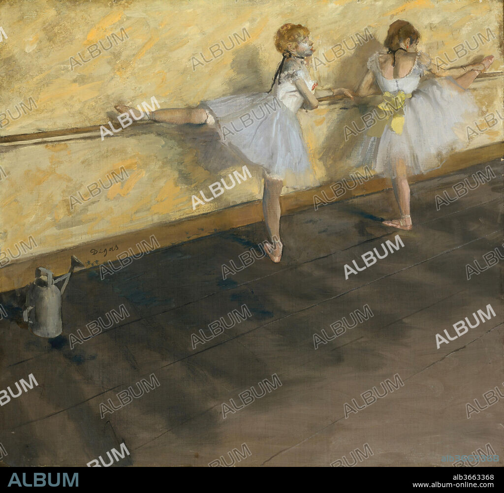 Dancers Practicing at the Barre. Artist: Edgar Degas (French, Paris 1834-1917 Paris). Dimensions: 29 3/4 x 32 in. (75.6 x 81.3 cm). Date: 1877.
The watering can, visible at left, was a standard fixture in ballet rehearsal rooms; water was sprinkled on the floor to keep dust from rising when ballerinas danced. Degas also used the watering can as a visual pun: its shape is mimicked by that of the dancer at right. Shown at the 1877 Impressionist exhibition, the painting was given by Degas to the collector Henri Rouart as a replacement for an earlier work (now lost), which the artist altered and accidentally destroyed. Louisine Havemeyer purchased it from Rouart's estate sale in 1912, for $95,700, a record price for a work by a living artist.