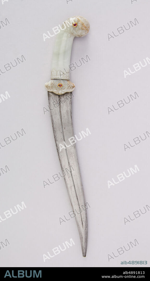 Dagger (Khanjar), Indian, Mughal, 19th century, Indian, Mughal, Steel, nephrite, ruby, gold, H. 15 3/8 in. (39.1 cm); H. of blade 10 1/2 in. (26.7 cm); W. 2 7/8 in. (7.3 cm); Wt. 12.2 oz. (345.9 g), Daggers.