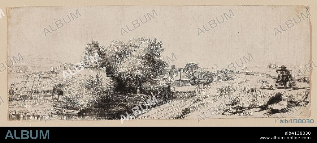 REMBRANDT HARMENSZOON VAN RIJN. View of the Diemerdijk with a Milkman and Cottages. Rembrandt van Rijn; Dutch, 1606-1669. Date: 1644-1655. Dimensions: 65 x 174 mm (image/sheet, trimmed within plate). Etching with drypoint in black on cream laid paper. Origin: Holland.