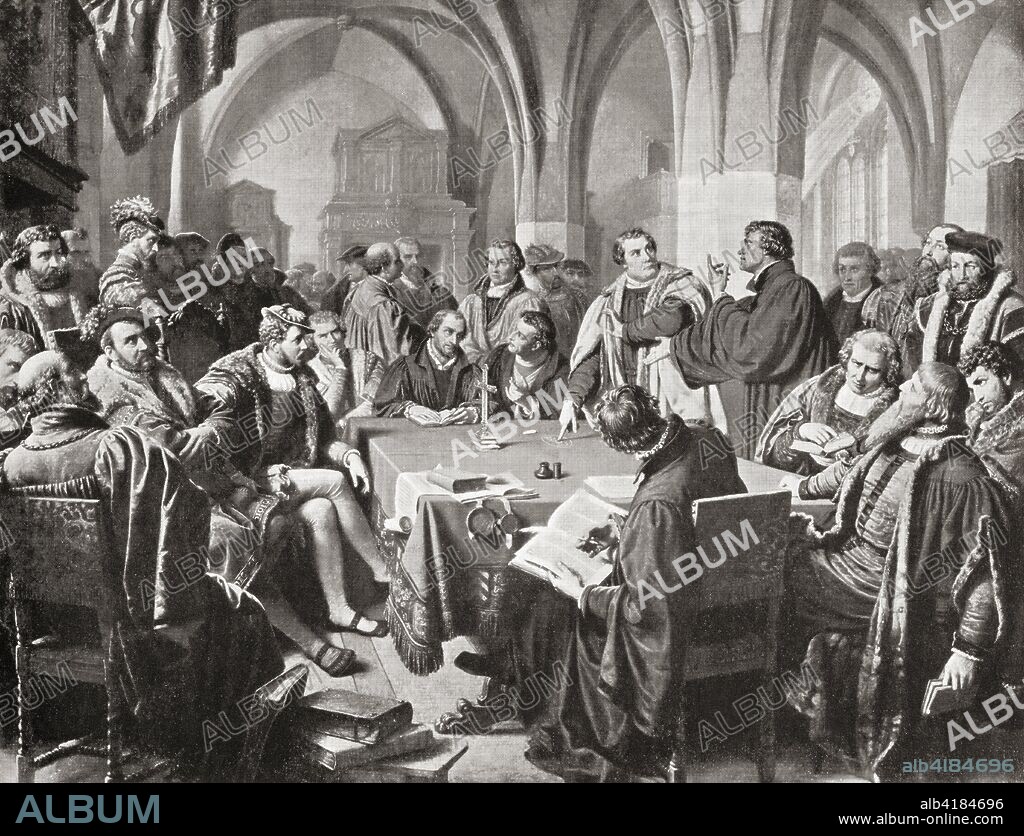 The Marburg Colloquy, Marburg Castle, Marburg, Hesse, Germany 1529. A meeting which attempted to solve a disputation between Martin Luther and Ulrich Zwingli over the Real Presence of Christ in the Lord's Supper.    Martin Luther, 1483 - 1546. German professor of theology, composer, priest, monk and a seminal figure in the Protestant Reformation. Huldrych Zwingli aka  Ulrich Zwingli, 1484 - 1531.  Leader of the Reformation in Switzerland.  From Hutchinson's History of the Nations, published 1915.