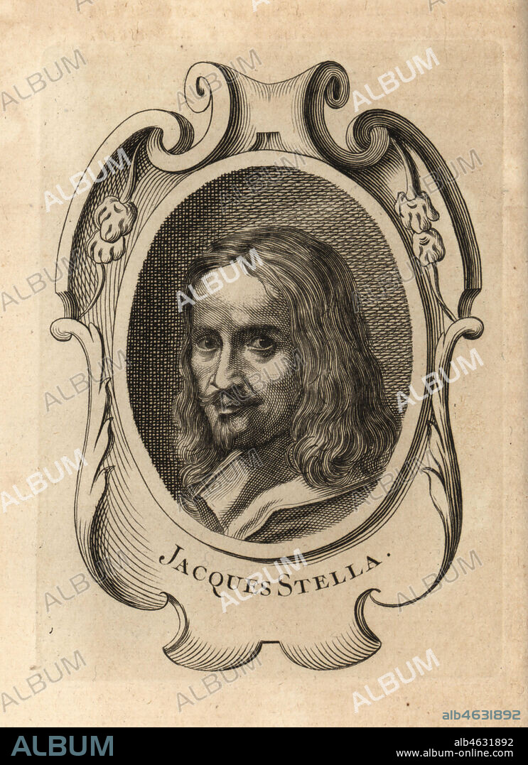 Portrait of Jacques Stella, French painter 1596-1657. Copperplate engraving after a self portrait by Jacques Stella from Antoine-Joseph Dezallier dArgenvilles Abrege de la vie des plus fameux peintres, Lives of the most Famous Artists, de Bure lAine, Paris, 1762.