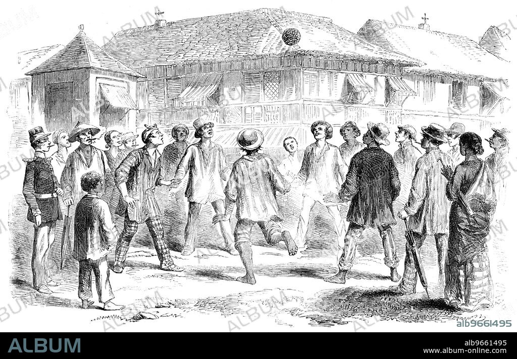 Football in Manilla, 1857. Sport in the Philippines: '...Sketch of a game at football, at which the Indians are very great. They stand in a circle, and with their feet keep up the ball for any length of time. The ball is made of wickerwork, and is like a round basket; the game is never to let it touch the ground after it is once up, and always to manage to strike it with the feet. Some players are very expert at the "back-footed" trick; with the sole of their foot they will send the ball right over their heads to the players in front of them, who, in their turn, send it back again. The game is a most extraordinary sight, and the players are wonderfully clever at it. In England, football is one of your oldest games; but I have never seen it played with such dexterity as in Manilla'. From "Illustrated London News", 1857.