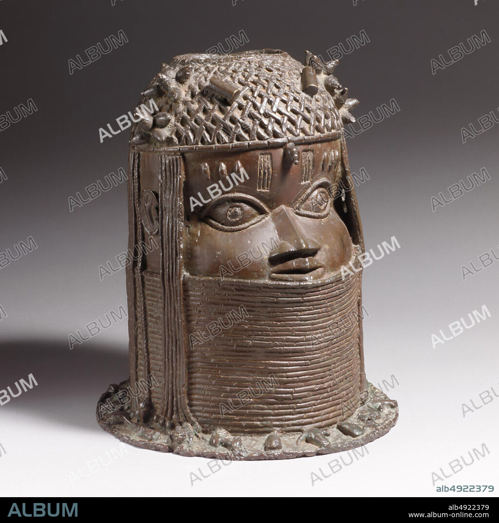 Head of an Oba, Edo peoples, 19th century, Nigeria, Court of Benin, Edo peoples, Brass, H. 13 x Diam. 11 1/4 in. (33 x 28.6 cm), Metal-Sculpture.