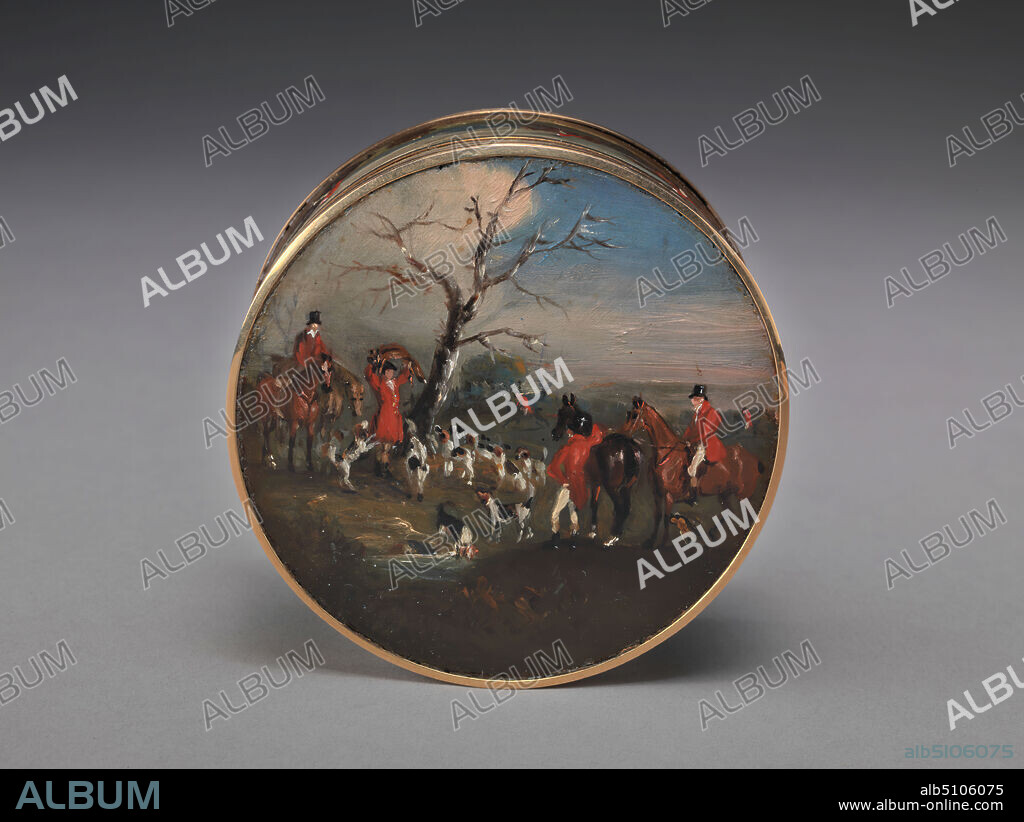 Lord Edward Thynnes Snuff Box, Decorated with Foxhunting Scenes by John Ferneley, Attributed to John Ferneley, 17821860, British, 1832 or 1833, Oil on gold, Sheet: 1 1/2 x 3 3/8 inches (3.8 x 8.6 cm), fox (animal), horse (animal), hunt, sporting art.