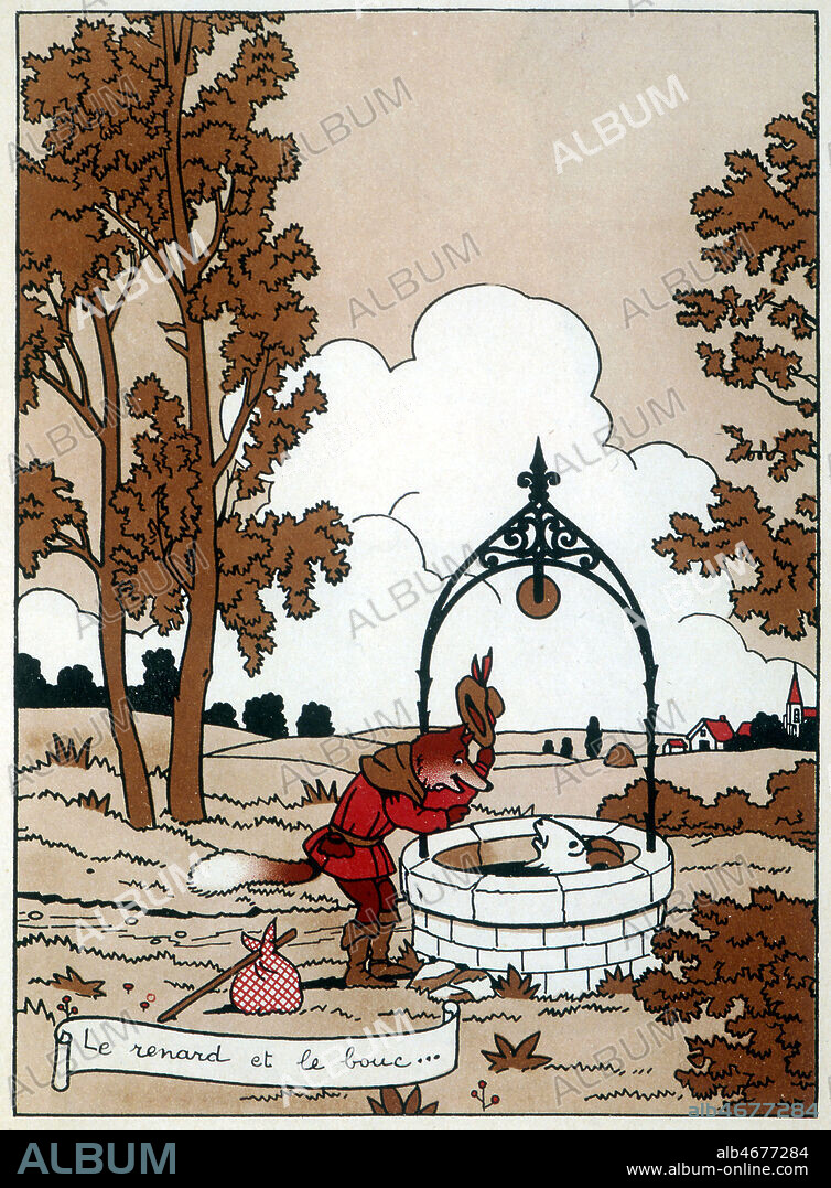 'Le renard et le bouc' : illustration de Marcel JEANJEAN (1893-1973) ADAGP pour une fable de LA FONTAINE (1621-1695). Credit : ADAGP/Coll. Dom/KHARBINE-TAPABOR.