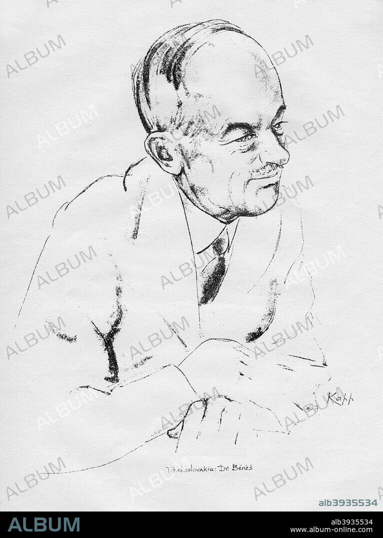 Dr Edvard Benes, Czechoslovakian statesman, 1935. Benes was a leader of the Czechoslovak independence movement and the second President of Czechoslovakia. He was forced to resign in 1938 after the Munich Agreement gave the Sudetenland to Nazi Germany. Restored as President after his country was liberated from the Nazis in 1945, he once again resigned in 1948 when Prime Minister Klement Gottwald engineered a Communist takeover of Czechoslovakia. A print from a supplement to The New Statesman and Nation, 30th November 1935.