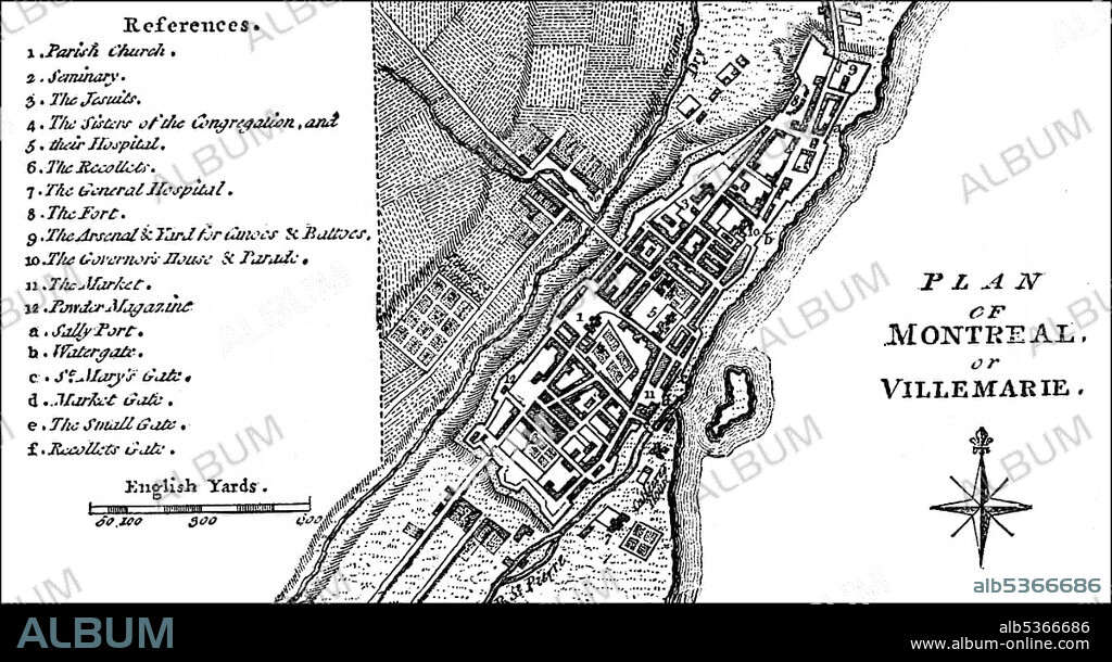 City map of the city of Montreal, Quebec, Canada, around 1760, North America.