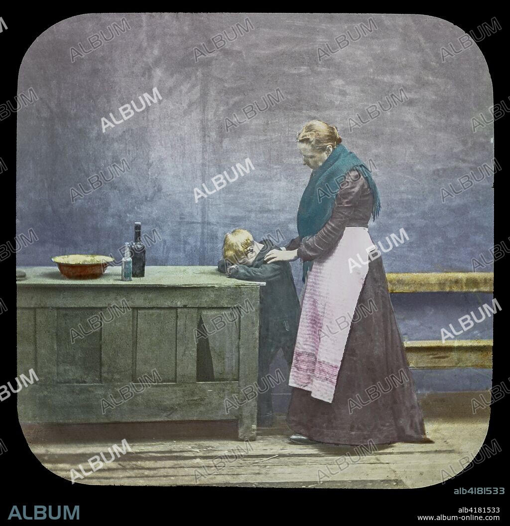 Magic lantern slide circa 1900.Victorian/Edwardian.Social History. Mrs Isabel Reaney story of Willie Wills Wings and slide show a christian story . Life model painted background. Slide 19 Weak, tired, and faint, what wonder that he burst into tears. poor orphan being comnforted by lady.