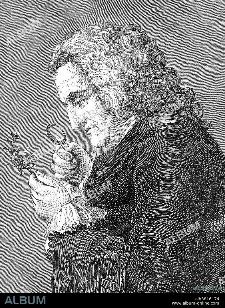 Bernard de Jussieu (August 17, 1699 - November 6, 1777) was a French naturalist. He took a medical degree at Montpellier and began practice in 1720, but finding the work uncongenial he gladly accepted a position as sub-demonstrator of plants in the Jardin des Plantes. Long before Abraham Trembley published his Histoire des polypes d'eau douce, Jussieu maintained the doctrine that these organisms were in fact animals, and not the flowers of marine plants, which was the notion at the time. In 1759 he arranged the plants in the royal garden of the Trianon in the Palace of Versailles, according to his own scheme of classification. He cared little for the credit of enunciating new discoveries, so long as the facts were made public. He was elected a foreign member of the Royal Swedish Academy of Sciences in 1749. He died in 1777 at the age of 78. Engraving from Vies des savants illustres by Louis Figuier.