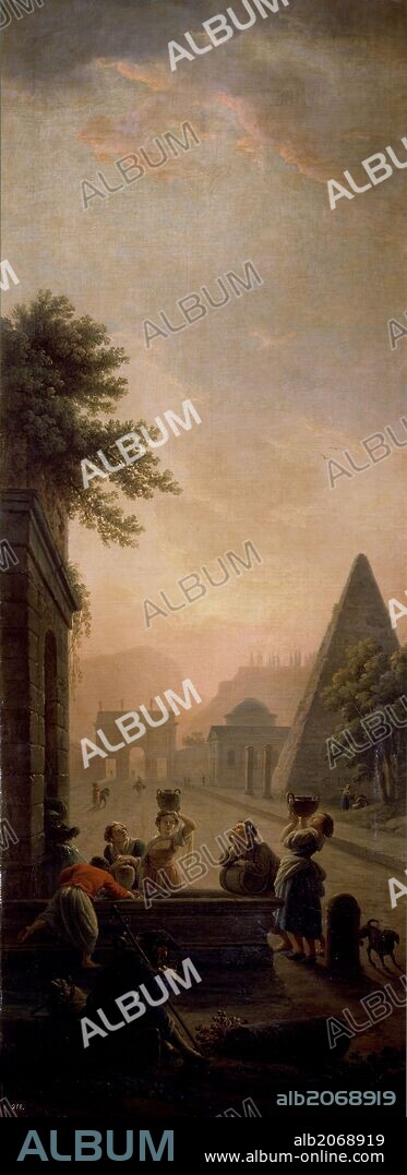 Claude Joseph Vernet / 'Roman Landscape with Sunset', 1782, French School, Oil on canvas, 155 cm x 57 cm, P02348.