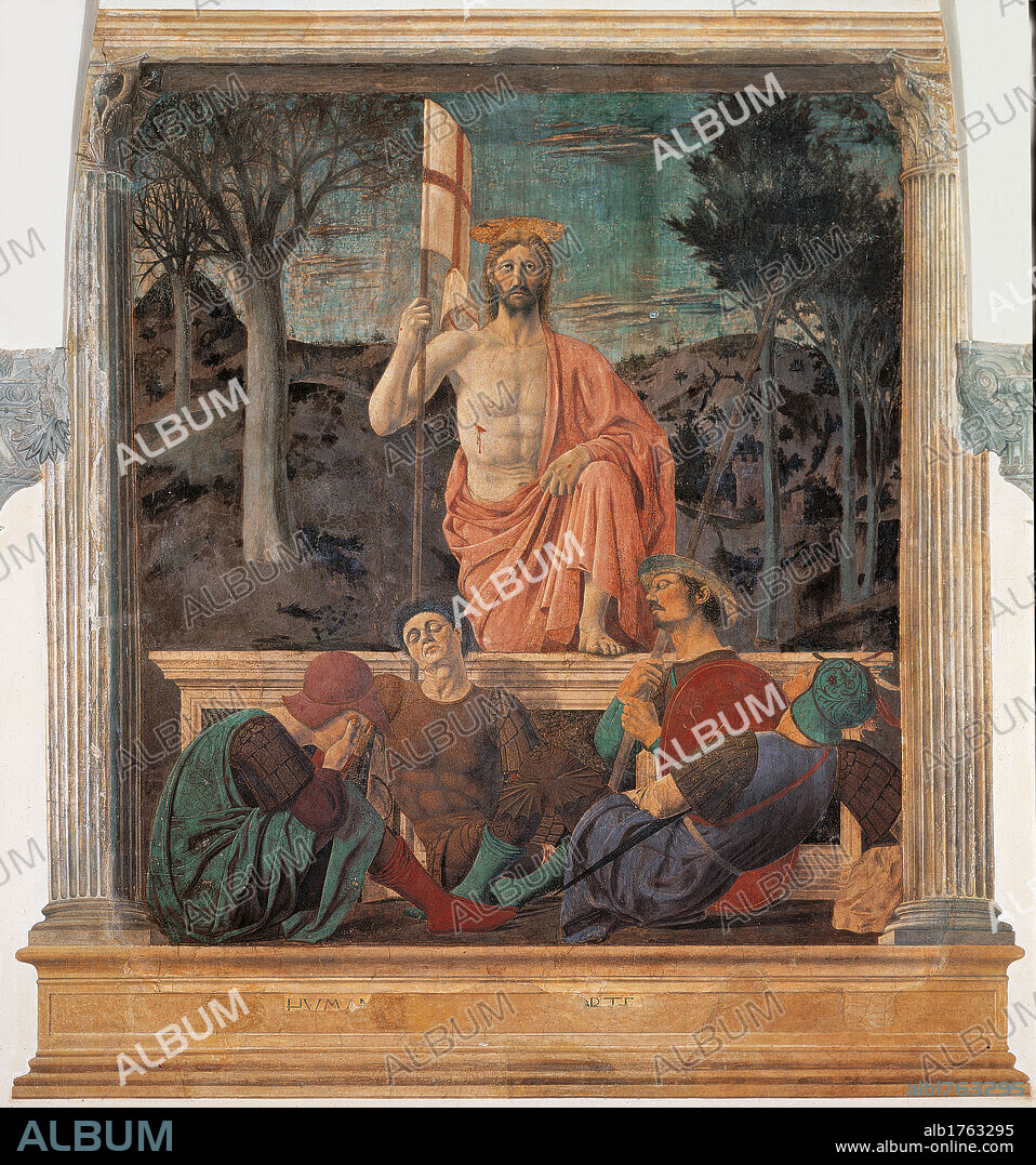 The Resurrection of Christ, by Pietro di Benedetto dei Franceschi known as Piero della Francesca, 1450-1463 about, 15th Century, tempera and fresco painting, cm 225 x 200. Italy, Tuscany, Arezzo, Sansepolcro, Palazzo del Comune, today Civic Museum. All Dead Christ Resurrection body wound flag banner vexillum standard ensign pink cloth balaustrade banister sepulchre sleeping guards watchmen lance spear trees.