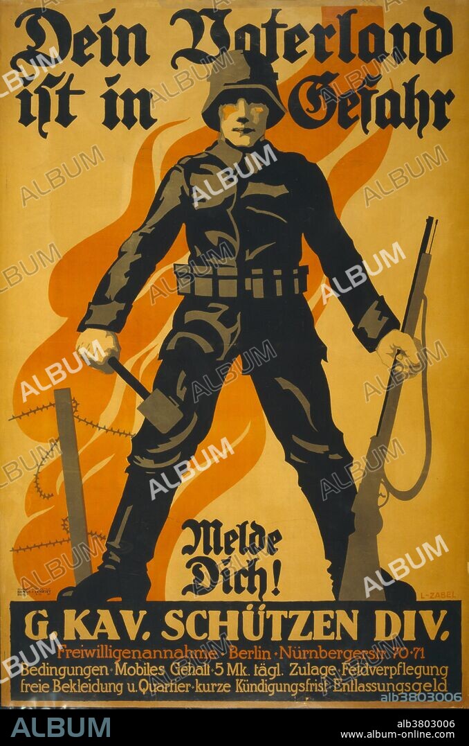 Entitled: "Dein Vaterland ist in Gefahr, melde dich!." Poster shows a German soldier, holding a grenade in one hand and a rifle in the other; in background a barbed wire fence and flames. Text encourages enlistment in the G. Kav. SchÃ¼tzen Div. with the slogan "Your Fatherland is in danger, register!" Further text lists benefits of joining the militia. Military recruitment is the act of requesting people, usually male adults, to join a military voluntarily. Artist Lucian Zabel, 1918.