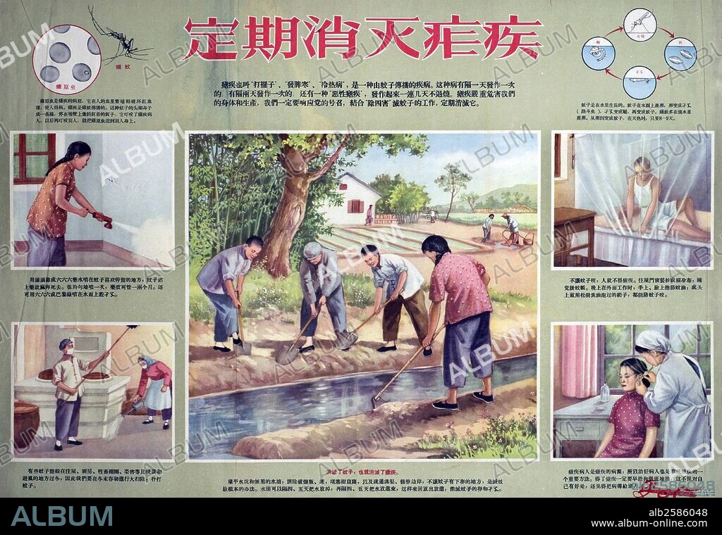 Chinese poster shows 5 seperate images, each one raises awareness of malaria. The centre image shows a group of people working on the canal, the image warns people that it's an ideal habitate for mosquitoes. The two pictures to the left show a female using insecticide spray, the other shows a couple washing floors and ceilings. The images to the right show a male figure in bed, using a mosquitoe net and tucking it under his matteress, the other shows a nurse taking a blood swab from a female's ear. Dated c1940.