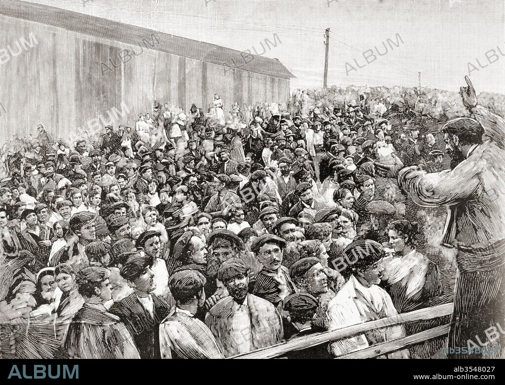 The Spanish miner's strike of 1892 in Bilbao, Spain. From La Ilustracion Española y Americana, published 1892.